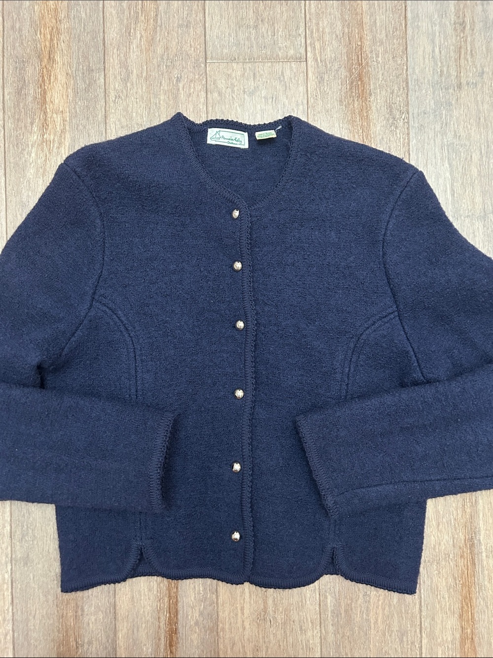 VTG Pamela Kelly Chatham Wool Navy Textured Knit Cardigan with Silver Buttons L